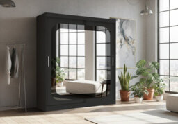 Fhif Camal 180Cm Black Sliding Door Wardrobe Modern Bedroom Storage With Full Length Mirror Shelves And Hanging Rails - thumbnail 1