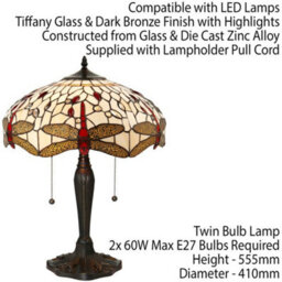Tiffany Glass Table Lamp Light Dark Bronze & Cream Red Dragonfly Shade I00188 - thumbnail 2
