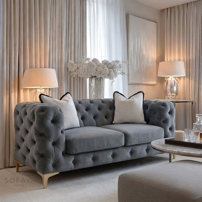 Sofaya Monaco Chesterfield Grey Velvet Sofa Set - 1,2,3 Seater & 3+2 Seater Set Deep Buttoned Cushions Upholstery Couch Settee - image 1