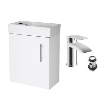 FNX Bathrooms Gloss White 400 Wall Hung Basin Sink Vanity Unit & Sleek Basin Tap - image 1