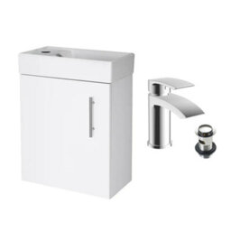 FNX Bathrooms Gloss White 400 Wall Hung Basin Sink Vanity Unit & Sleek Basin Tap - thumbnail 1