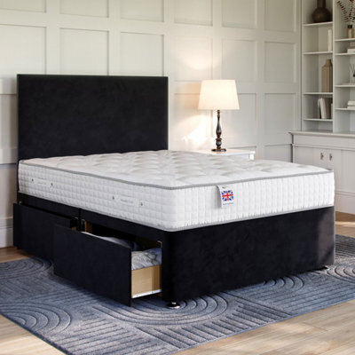 Divan Base Direct Plush Black Platform Top Divan Bed Base 5Ft King Size With 2 End Drawers + Livorno Floor Standing Headboard - image 1