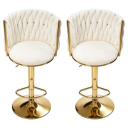 Cream Modern Swivel Bar Stools Set Of 2 Adjustable Velvet Bar Chairs With Braided Back - thumbnail 3