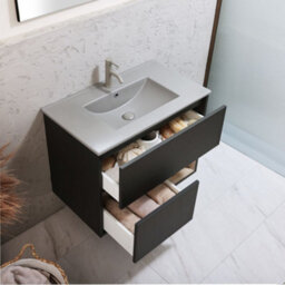 Homestylestore Black Grey 812mm Wall Hung Bathroom Vanity Unit Led Lit Open Shelf And Pebble Basin - thumbnail 2