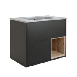 Homestylestore Black Grey 812mm Wall Hung Bathroom Vanity Unit Led Lit Open Shelf And Pebble Basin - thumbnail 1