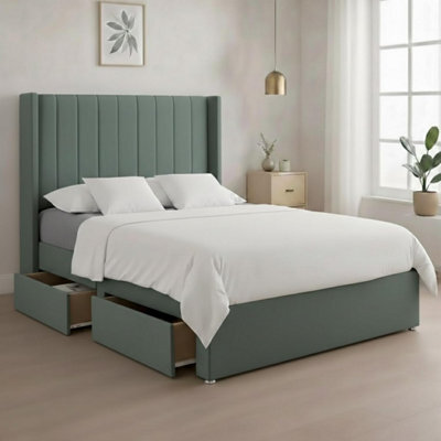 Luxury Teal Plush Milan Double Bed Frame With Mattress 54 Inches Wingback Headboard 2 Footend Storage Drawers - image 1