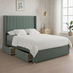 Luxury Teal Plush Milan Double Bed Frame With Mattress 54 Inches Wingback Headboard 2 Footend Storage Drawers