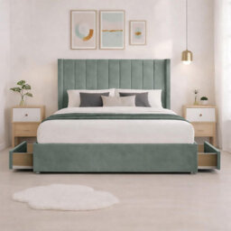 Luxury Teal Plush Milan Double Bed Frame With Mattress 54 Inches Wingback Headboard 2 Footend Storage Drawers - thumbnail 2