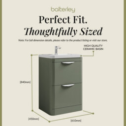 Balterley Aldershawe Contemporary Floor Standing 2 Drawer Bathroom Vanity Unit & Ceramic Basin, Satin Green, 610mm - thumbnail 5