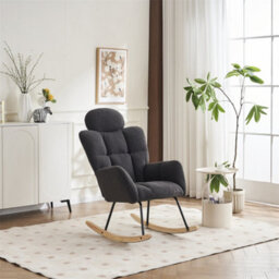 Abrihome Soft Teddy Fabric Tufted Upholstered Rocking Chair Padded Seat With Headrest For Living Room Bedroom, Dark Grey - thumbnail 1