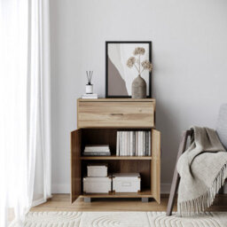 Urbn-Living Urbnliving 80Cm Height Oak Wooden Free Standing Cabinet Hallway Console Living Room Shelves Drawer Storage - thumbnail 2