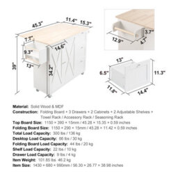 "Vevor Kitchen Island Cart With Solid Wood Top, 45.3"" Width Mobile Carts With Storage Cabinet, Rolling Kitchen Table" - thumbnail 7