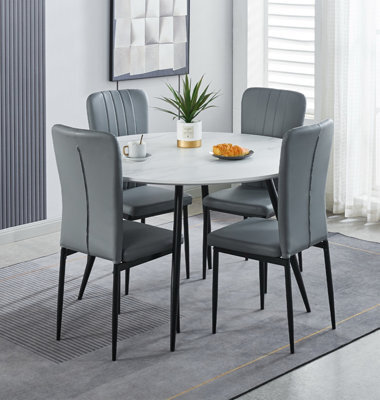 Hallowood Furniture Cullompton Large Round Dining Table 120Cm With 4 Light Grey Faux Leather Chairs - image 1