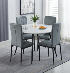 Hallowood Furniture Cullompton Large Round Dining Table 120Cm With 4 Light Grey Faux Leather Chairs