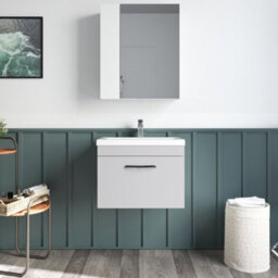 Rio 1 Drawer Wall Hung Vanity Basin Unit - 600mm - Gloss Grey Mist With Square Black D Handle (Tap Not Included) - Balterley - thumbnail 3