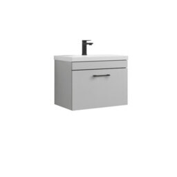 Rio 1 Drawer Wall Hung Vanity Basin Unit - 600mm - Gloss Grey Mist With Square Black D Handle (Tap Not Included) - Balterley - thumbnail 1