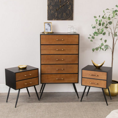 Melody Maison Mid-Century Modern Wooden & Black 5 Drawer Tallboy & Pair Of 2 Drawer Bedside Tables - Industrial Range - image 1