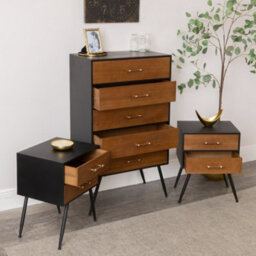 Melody Maison Mid-Century Modern Wooden & Black 5 Drawer Tallboy & Pair Of 2 Drawer Bedside Tables - Industrial Range - thumbnail 4