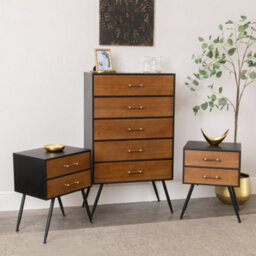 Melody Maison Mid-Century Modern Wooden & Black 5 Drawer Tallboy & Pair Of 2 Drawer Bedside Tables - Industrial Range - thumbnail 6