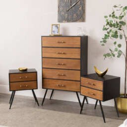 Melody Maison Mid-Century Modern Wooden & Black 5 Drawer Tallboy & Pair Of 2 Drawer Bedside Tables - Industrial Range - thumbnail 5