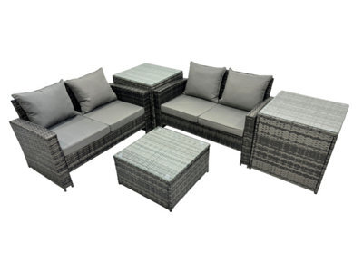 Fimous Pe Rattan Garden Furniture Set Lounge Double Seat Sofa Coffee Table Set With 2 Side Tables Dark Grey Mixed - image 1