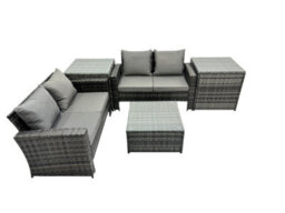 Fimous Pe Rattan Garden Furniture Set Lounge Double Seat Sofa Coffee Table Set With 2 Side Tables Dark Grey Mixed - thumbnail 2