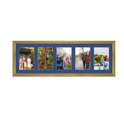 AK Frames 26X8 Gold Classic Multi Photo Frame With Blue Mount - Holds 5 Apertures (5X) 6X4 Photos - image 1
