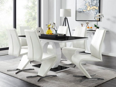 Furniturebox Giovani Rectangular 6 Seat White High Gloss Halo Structural Dining Table Black Glass Top And 6 White Faux Leather Willow Chairs - image 1