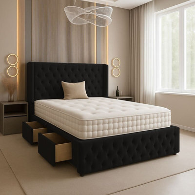 Adore Designs Chesterfield Plush Velvet Divan Bed, Winged Headboard, Mattress & Footboard - 4Ft6 Double - Black - 2 Drawers Left Side - image 1