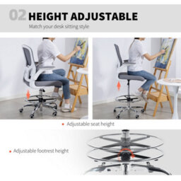 Homcom Ergonomic Mesh Tall Office Chair, 360 Degree Swivel Task Stool, Grey - thumbnail 5