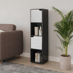 Urbn-Living Urbnliving 119Cm Height 4 Cubes Black Wooden Bookcase Display Shelf Storage Cabinet With Modern Geo White Door - thumbnail 3