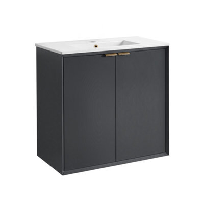 Homestylestore Anthracite 810mm Wall Hung Bathroom Vanity Unit With Basin And Brushed Brass Finger Pull Handle - image 1