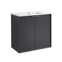 Homestylestore Anthracite 810mm Wall Hung Bathroom Vanity Unit With Basin And Brushed Brass Finger Pull Handle