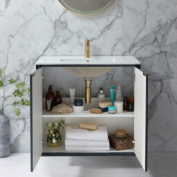 Homestylestore Anthracite 810mm Wall Hung Bathroom Vanity Unit With Basin And Brushed Brass Finger Pull Handle - thumbnail 2