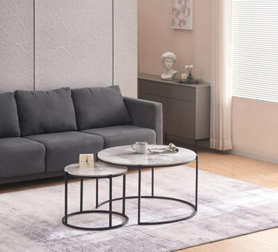 Furnizone UK Giulia Nest Of 2 Round Sintered Stone White Marble Effect With Black Metal Frame Coffee Tables - image 1