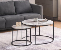 Furnizone UK Giulia Nest Of 2 Round Sintered Stone White Marble Effect With Black Metal Frame Coffee Tables - thumbnail 2