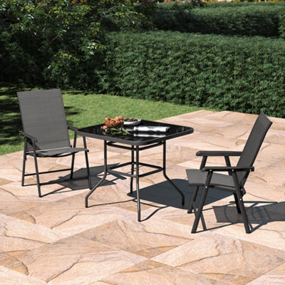 Living And Home Set Of 3 Black Garden Ripple Glass Square Umbrella Table And Folding Chairs Set 80 Cm - image 1