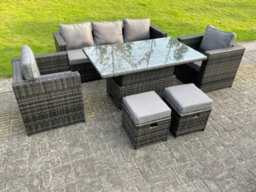 Fimous Rattan Garden Furniture Set Arm Chairs Rising Table Lounge Sofa Set With Small Foostools Dark Grey Mixed - thumbnail 3