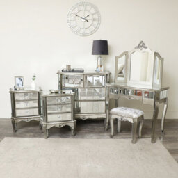 Melody Maison Silver Mirrored Chest Of Drawers, Dressing Table Set & 3 Drawer Bedside Tables - Tiffany Range - thumbnail 1