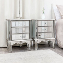 Melody Maison Silver Mirrored Chest Of Drawers, Dressing Table Set & 3 Drawer Bedside Tables - Tiffany Range - thumbnail 7