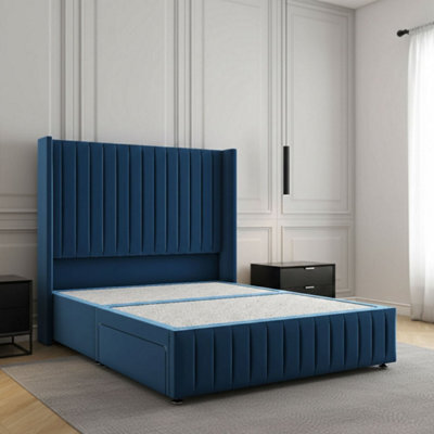 REGIONAL FURNISHINGS Divan Bed Set Blue Plush Velvet Upholstered 54Inch Headboard & Footboard 2Drawers Footend & No Mattress In 4Ft 4Ft6 5Ft 6Ft - image 1