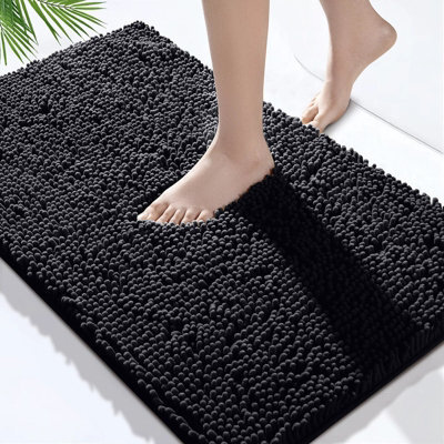 Bedlooms Black Bath Chenille Rug 60X90Cm, Super Absorbent Shower Mat Non-Slip Bathroom Rug