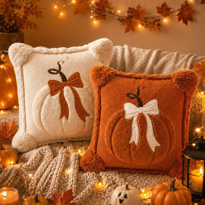 Amorly 2Pack 45Cm Embroidered Pumpkin Cushion Covers,soft Fluffy Faux Fur Pillowcases,no Pillow Inserts,autumn Halloween Indoor Decor - image 1