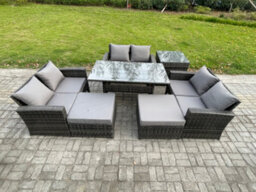 Fimous 8 Seater Wicker Pe Rattan Garden Furniture Sets Outdoor Lounge Sofa Set With Oblong Dining Table 2 Big Footstool - thumbnail 2