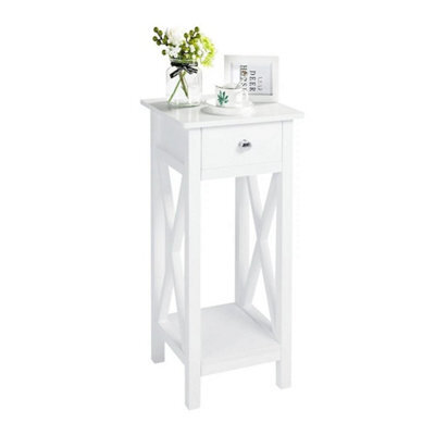 White Narrow Bedside Table Slim Side Table Tall Nightstand End Table With Drawer Shelf - image 1