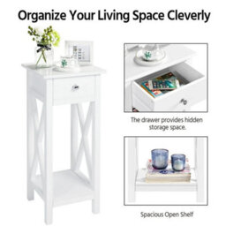 White Narrow Bedside Table Slim Side Table Tall Nightstand End Table With Drawer Shelf - thumbnail 4