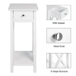 White Narrow Bedside Table Slim Side Table Tall Nightstand End Table With Drawer Shelf - thumbnail 3