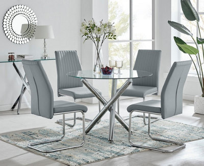 Furniturebox Uk Selina Round Glass And Chrome Metal Dining Table And 4 Elephant Grey Lorenzo Chairs Set - image 1