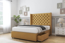 "Sloomy Dior Mustard Plush Divan Bed Base No Drawers With 54"" Wingback Headboard 4'6 Double" - thumbnail 4