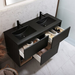 Homestylestore Black Grey 1212mm Wall Hung Bathroom Vanity Unit Led Lit Open Shelf And Graphite Basin - thumbnail 2